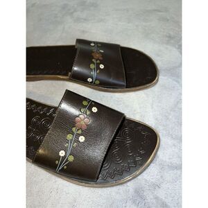 Women’s VTG Leather Boho Floral Flats Mules Slides 8